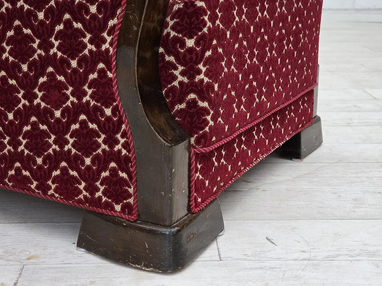 Danish armchair in cherry red velvet and oak wood, 1960s 2