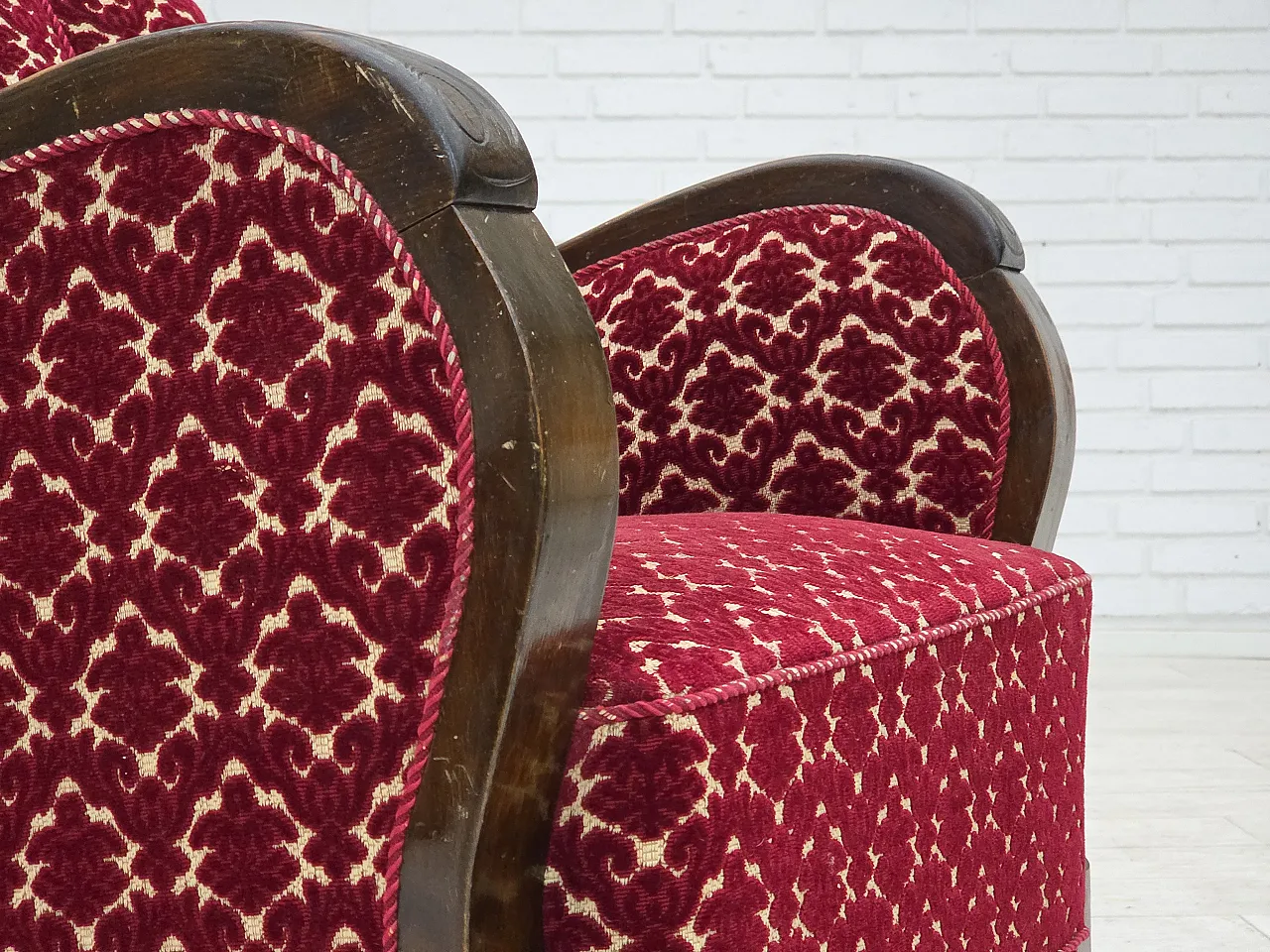 Danish armchair in cherry red velvet and oak wood, 1960s 3