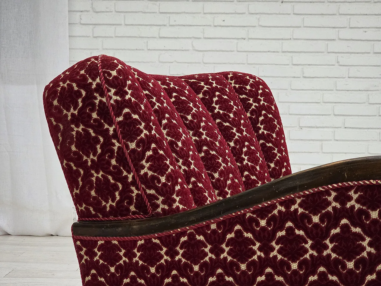 Danish armchair in cherry red velvet and oak wood, 1960s 4