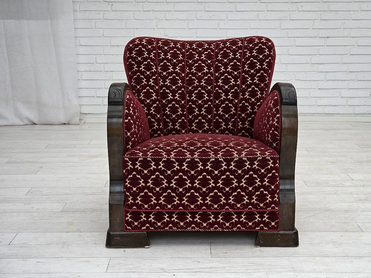 Danish armchair in cherry red velvet and oak wood, 1960s 6
