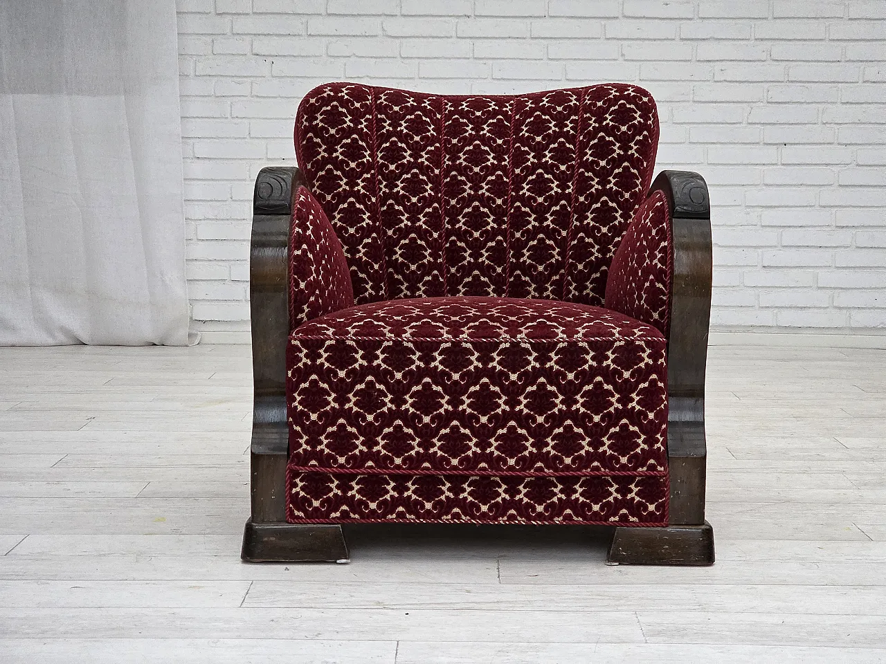Danish armchair in cherry red velvet and oak wood, 1960s 7