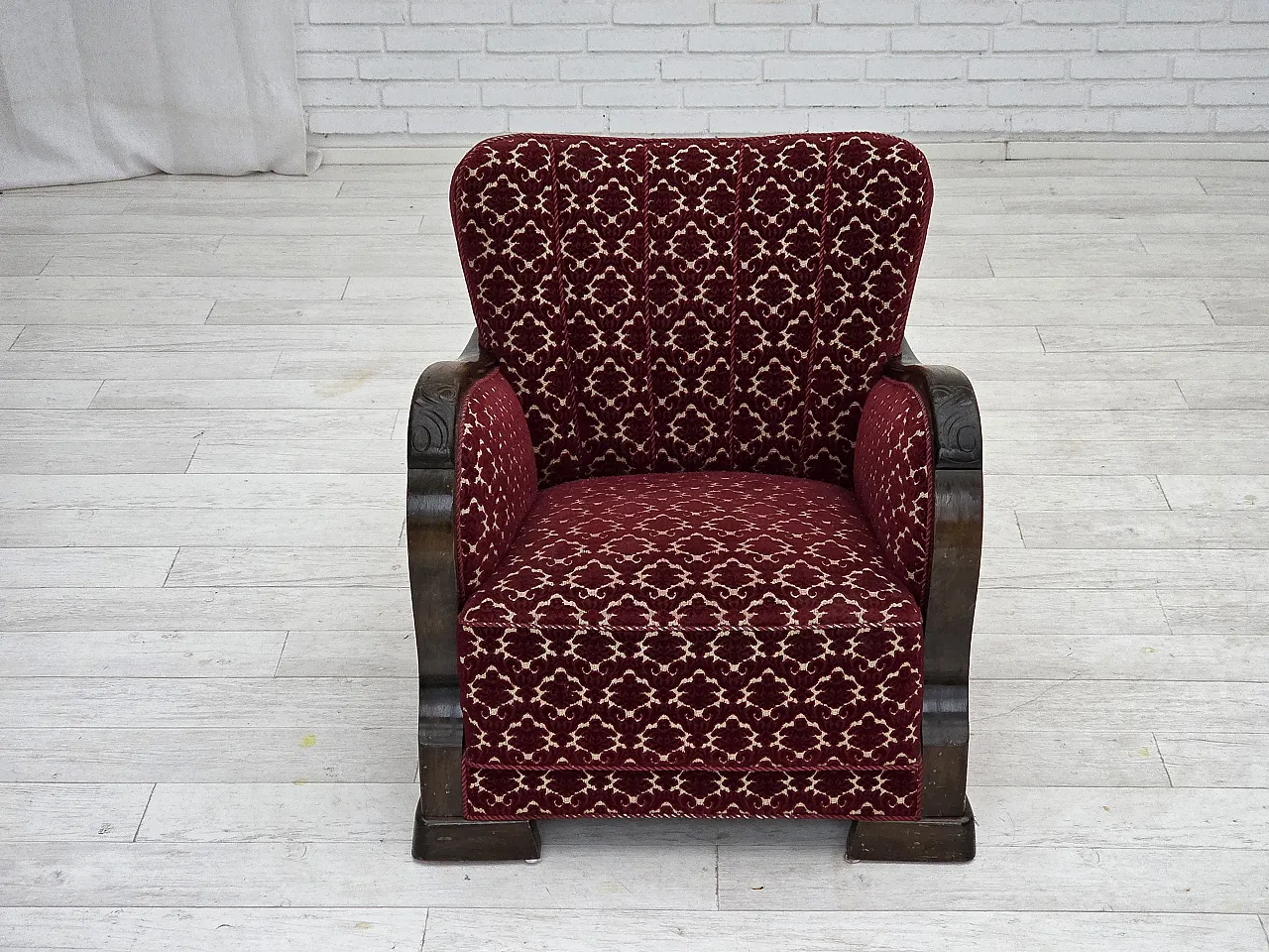 Danish armchair in cherry red velvet and oak wood, 1960s 8