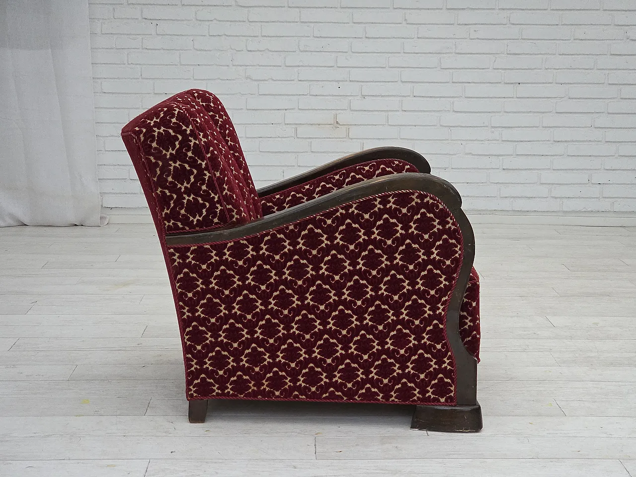 Danish armchair in cherry red velvet and oak wood, 1960s 9