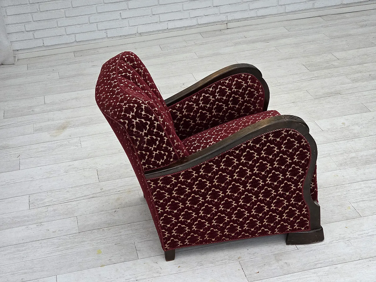 Danish armchair in cherry red velvet and oak wood, 1960s 10