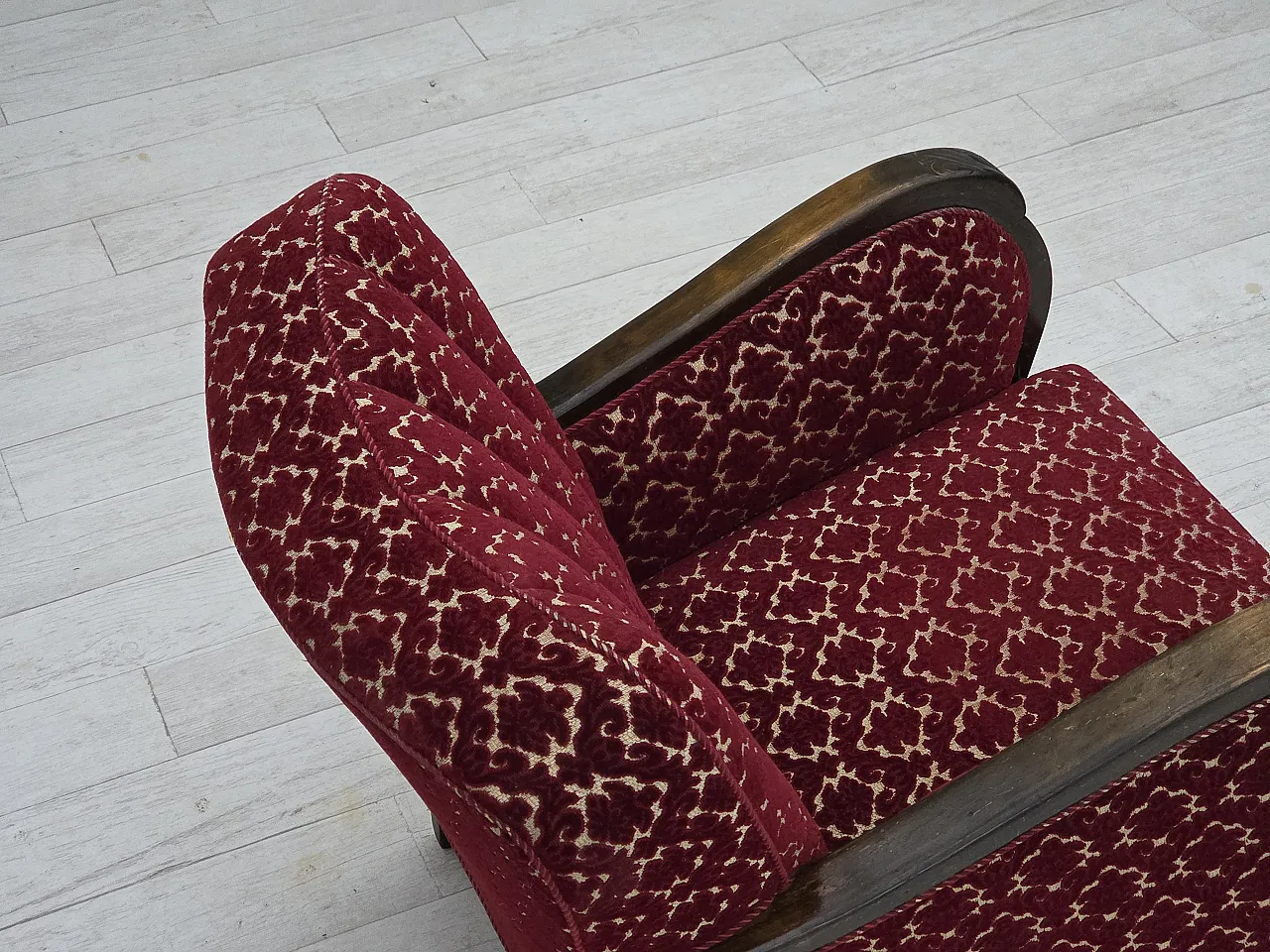 Danish armchair in cherry red velvet and oak wood, 1960s 11