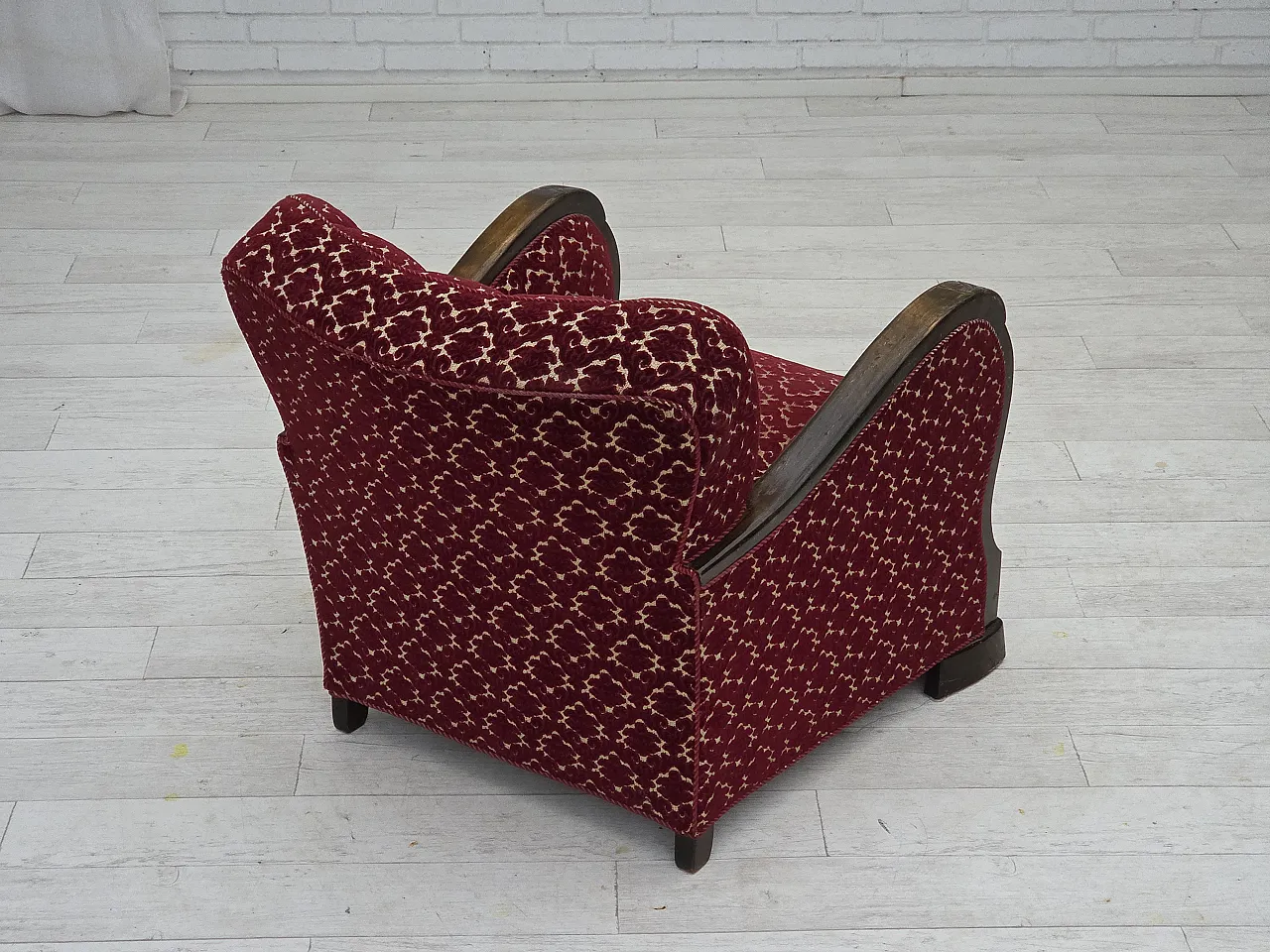 Danish armchair in cherry red velvet and oak wood, 1960s 12