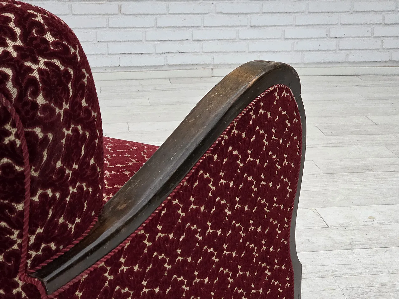 Danish armchair in cherry red velvet and oak wood, 1960s 13