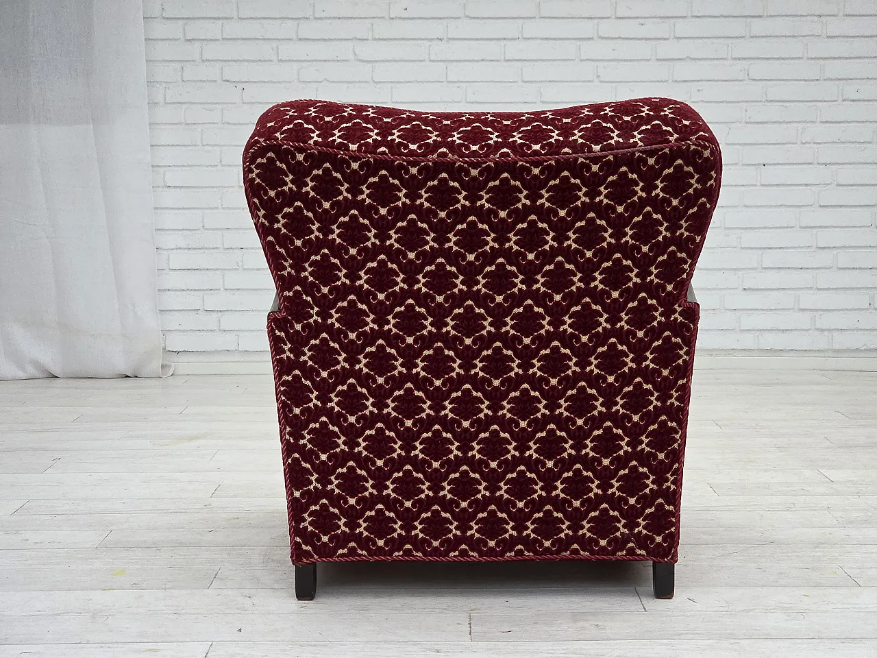 Danish armchair in cherry red velvet and oak wood, 1960s 14