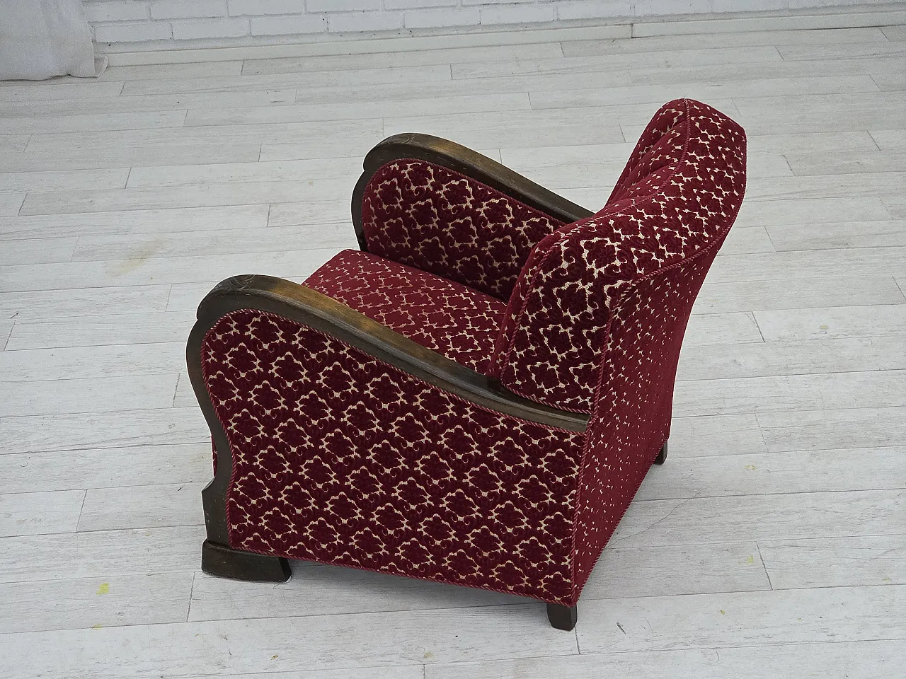 Danish armchair in cherry red velvet and oak wood, 1960s 15