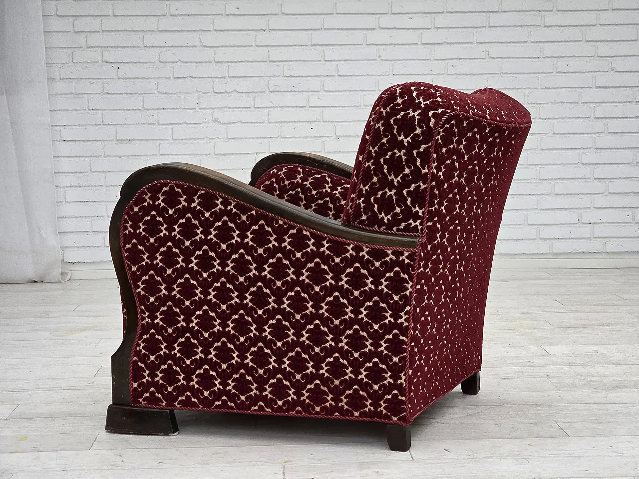 Danish armchair in cherry red velvet and oak wood, 1960s 16