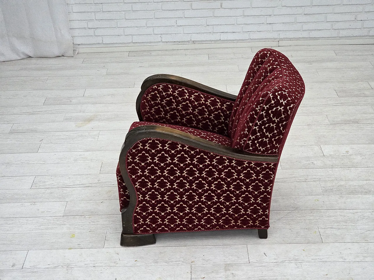 Danish armchair in cherry red velvet and oak wood, 1960s 17