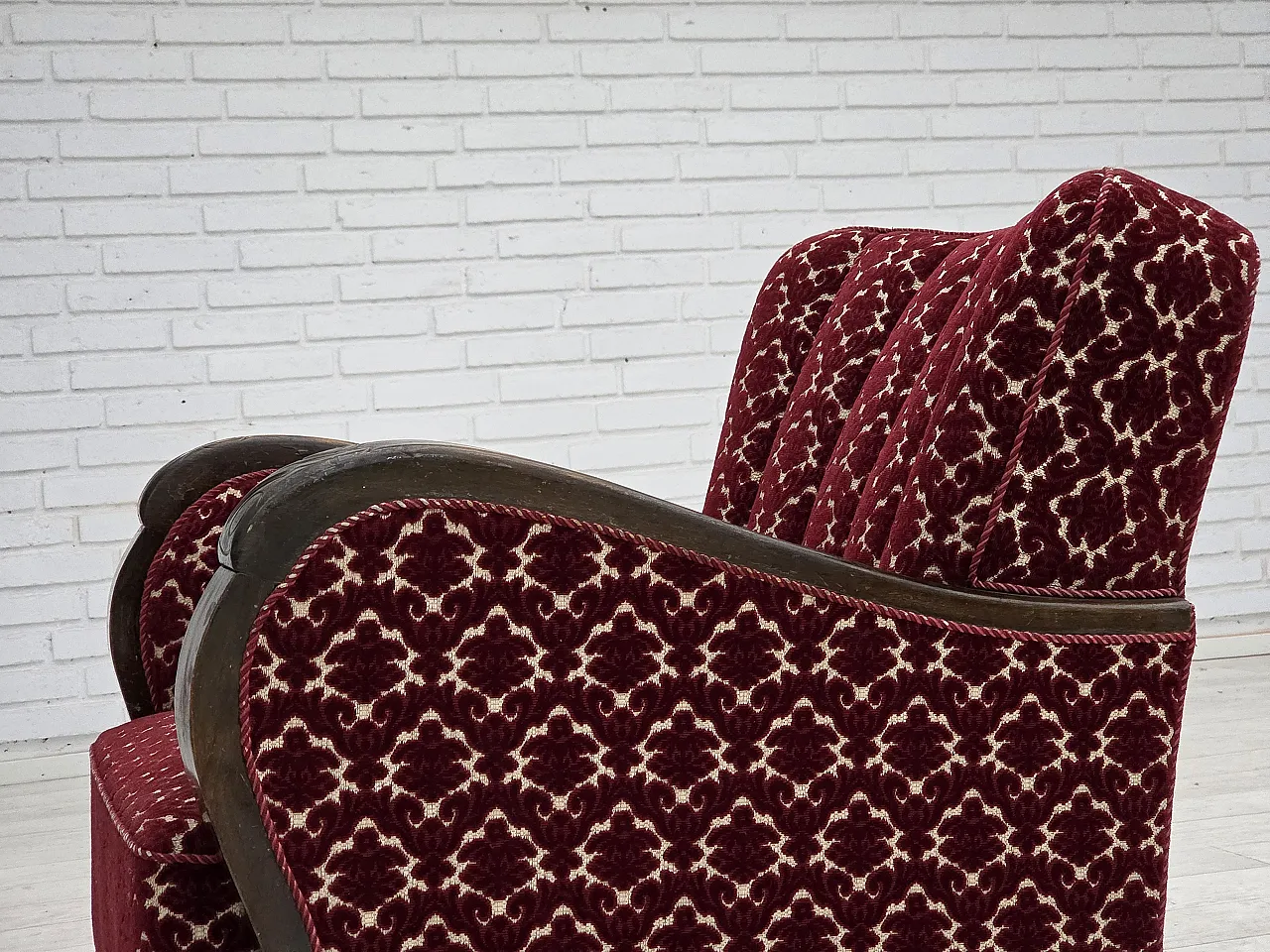 Danish armchair in cherry red velvet and oak wood, 1960s 18