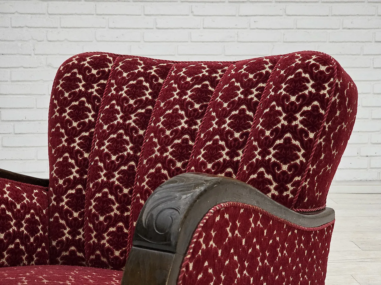 Danish armchair in cherry red velvet and oak wood, 1960s 19