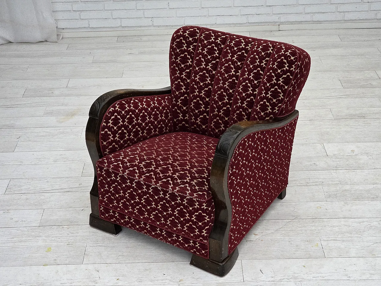Danish armchair in cherry red velvet and oak wood, 1960s 20