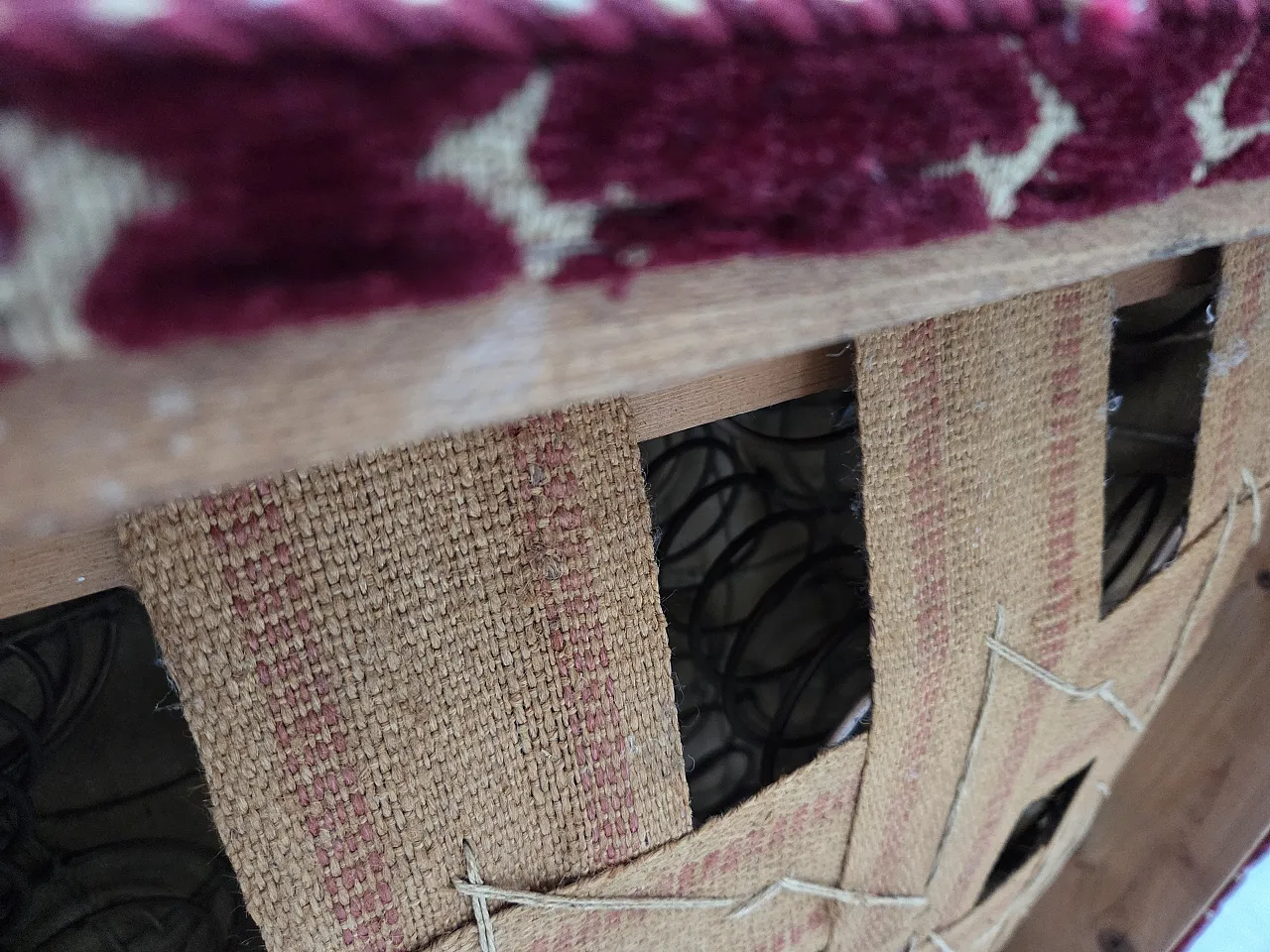 Danish armchair in cherry red velvet and oak wood, 1960s 22
