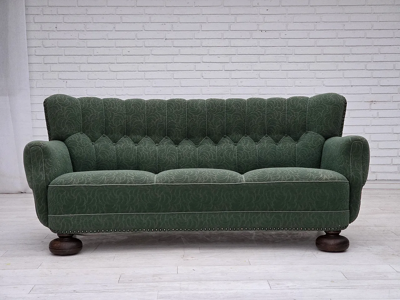 Danish 3-seater sofa in green furniture wool and oak wood, 1960s 1