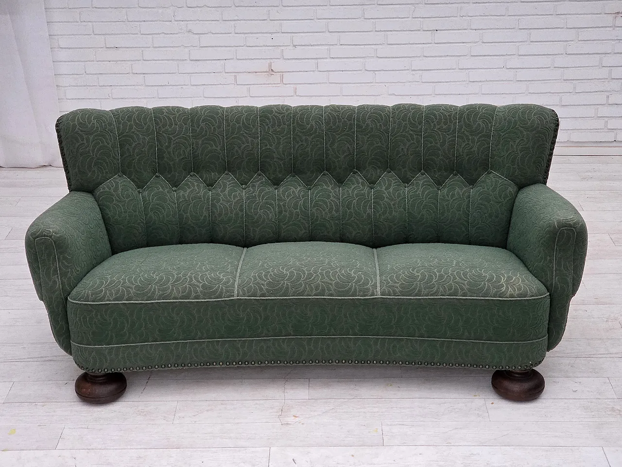 Danish 3-seater sofa in green furniture wool and oak wood, 1960s 2