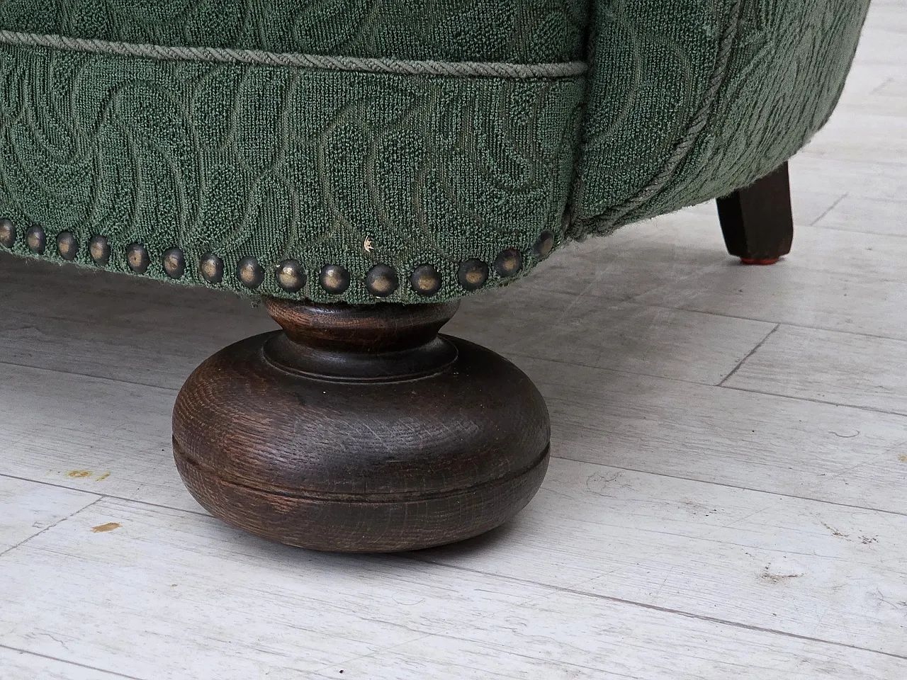 Danish 3-seater sofa in green furniture wool and oak wood, 1960s 3