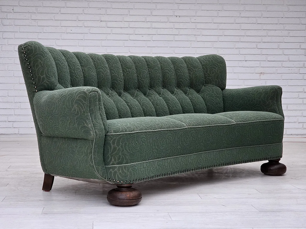 Danish 3-seater sofa in green furniture wool and oak wood, 1960s 5