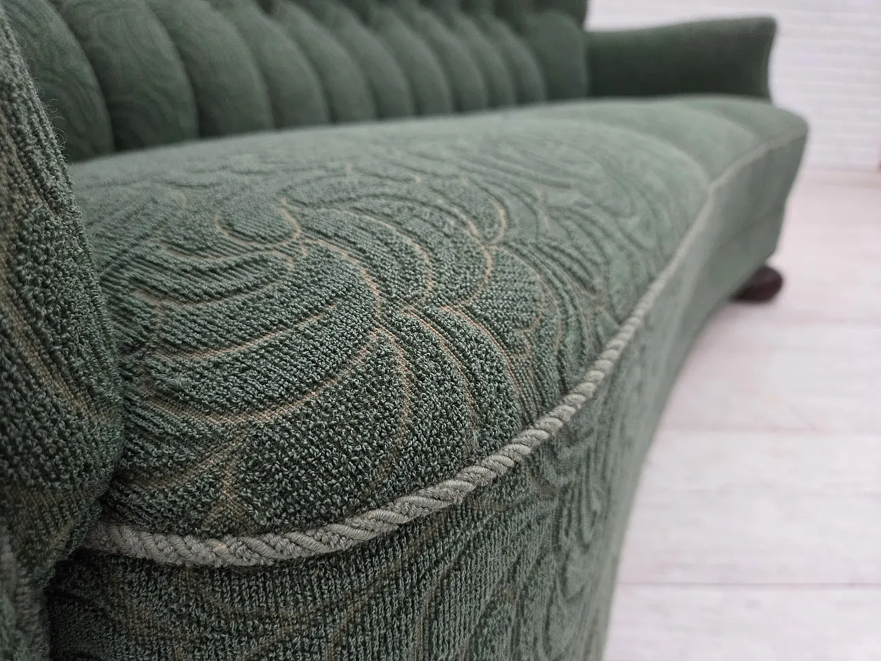 Danish 3-seater sofa in green furniture wool and oak wood, 1960s 7
