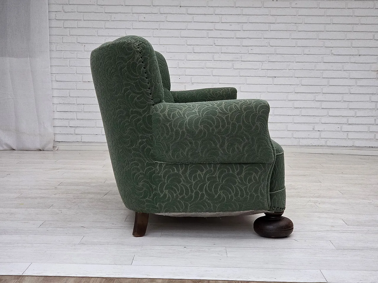 Danish 3-seater sofa in green furniture wool and oak wood, 1960s 8
