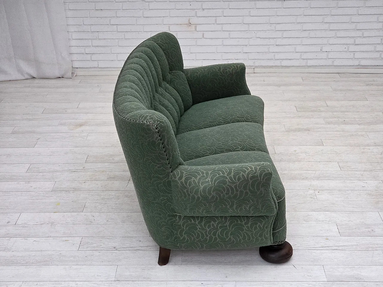 Danish 3-seater sofa in green furniture wool and oak wood, 1960s 9
