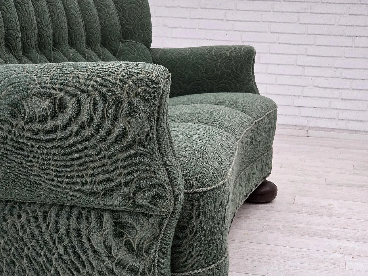 Danish 3-seater sofa in green furniture wool and oak wood, 1960s 10