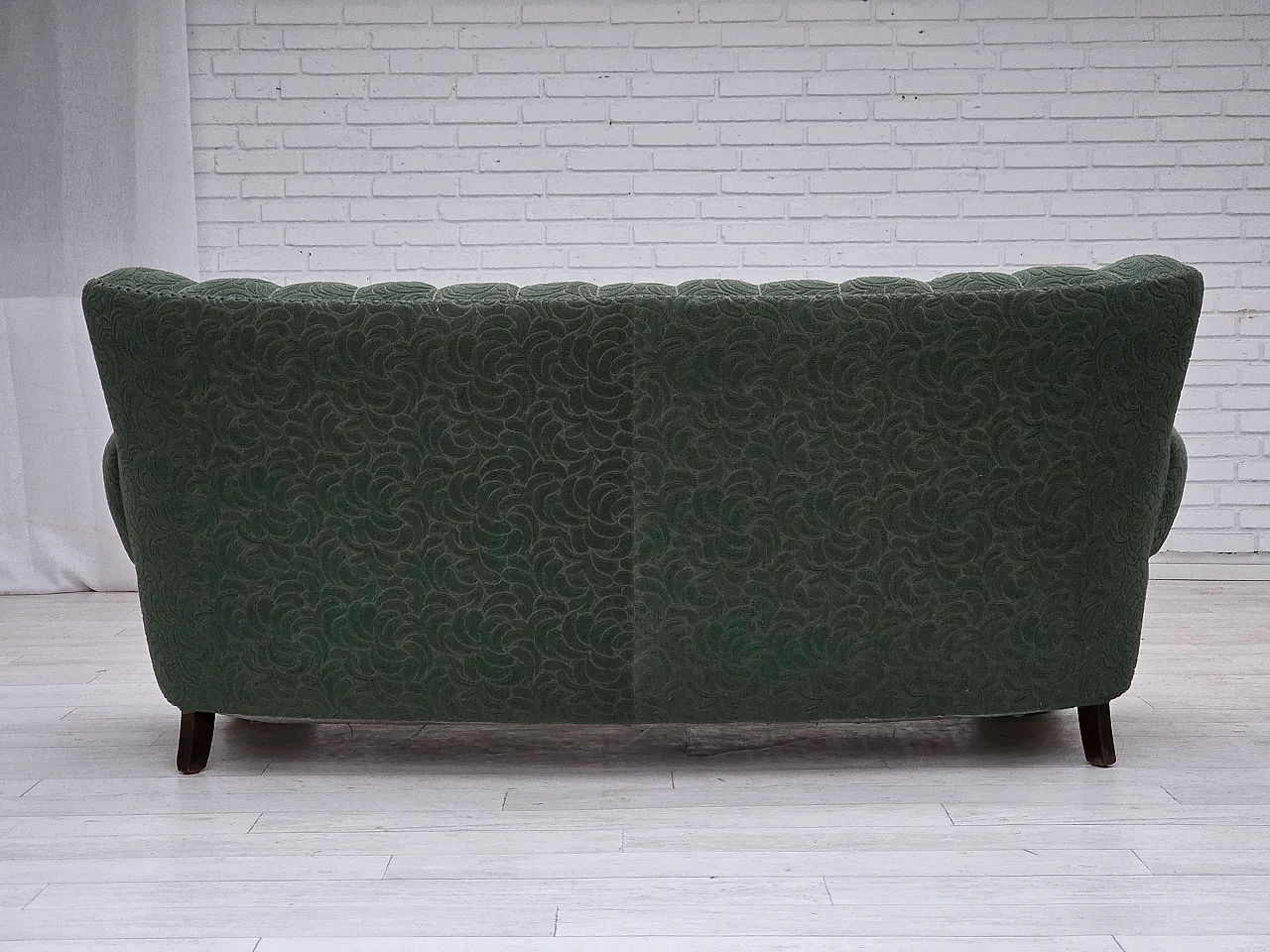 Danish 3-seater sofa in green furniture wool and oak wood, 1960s 12