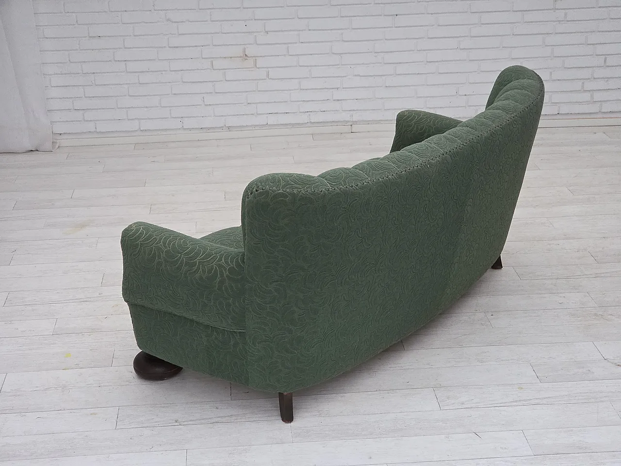 Danish 3-seater sofa in green furniture wool and oak wood, 1960s 13