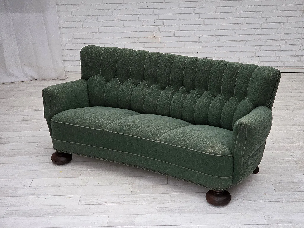 Danish 3-seater sofa in green furniture wool and oak wood, 1960s 15