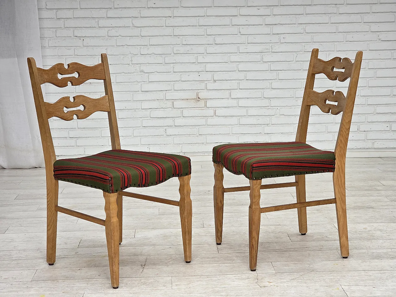 Pair of wool and solid oak chairs, 1970s 1