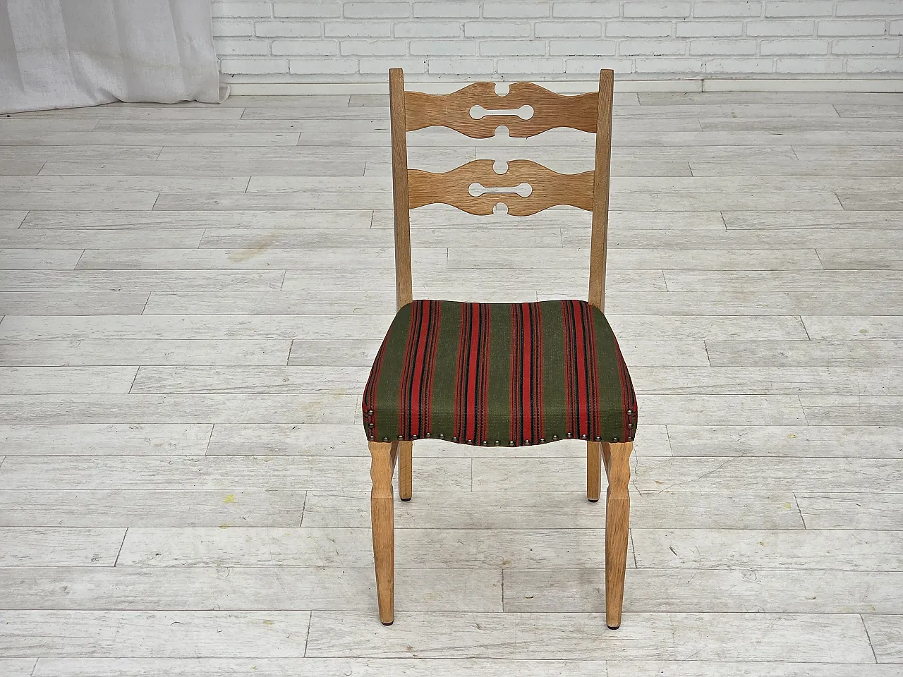 Pair of wool and solid oak chairs, 1970s 13