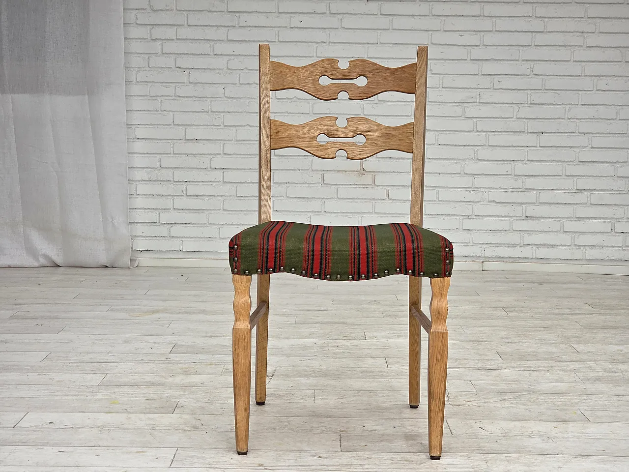 Pair of wool and solid oak chairs, 1970s 14