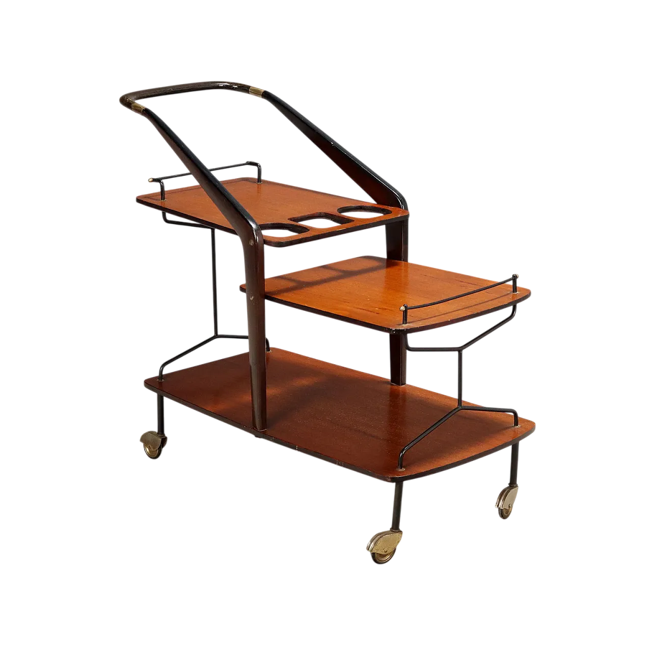 Carrello bar in teak, legno tinto ebano, metallo e ottone, '900 9