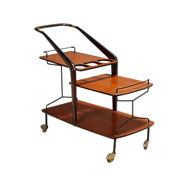 Carrello bar in teak, legno tinto ebano, metallo e ottone, '900