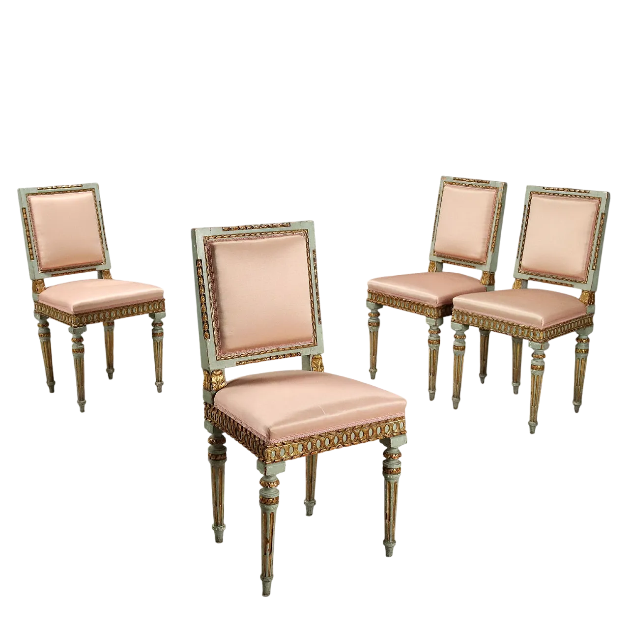 4 Sedie in noce laccate e dorate con schienali imbottiti, fine '700 11