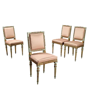 4 Sedie in noce laccate e dorate con schienali imbottiti, fine '700