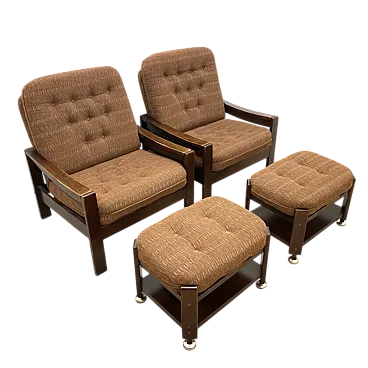 Coppia di poltrone con poggiapiedi, anni '70