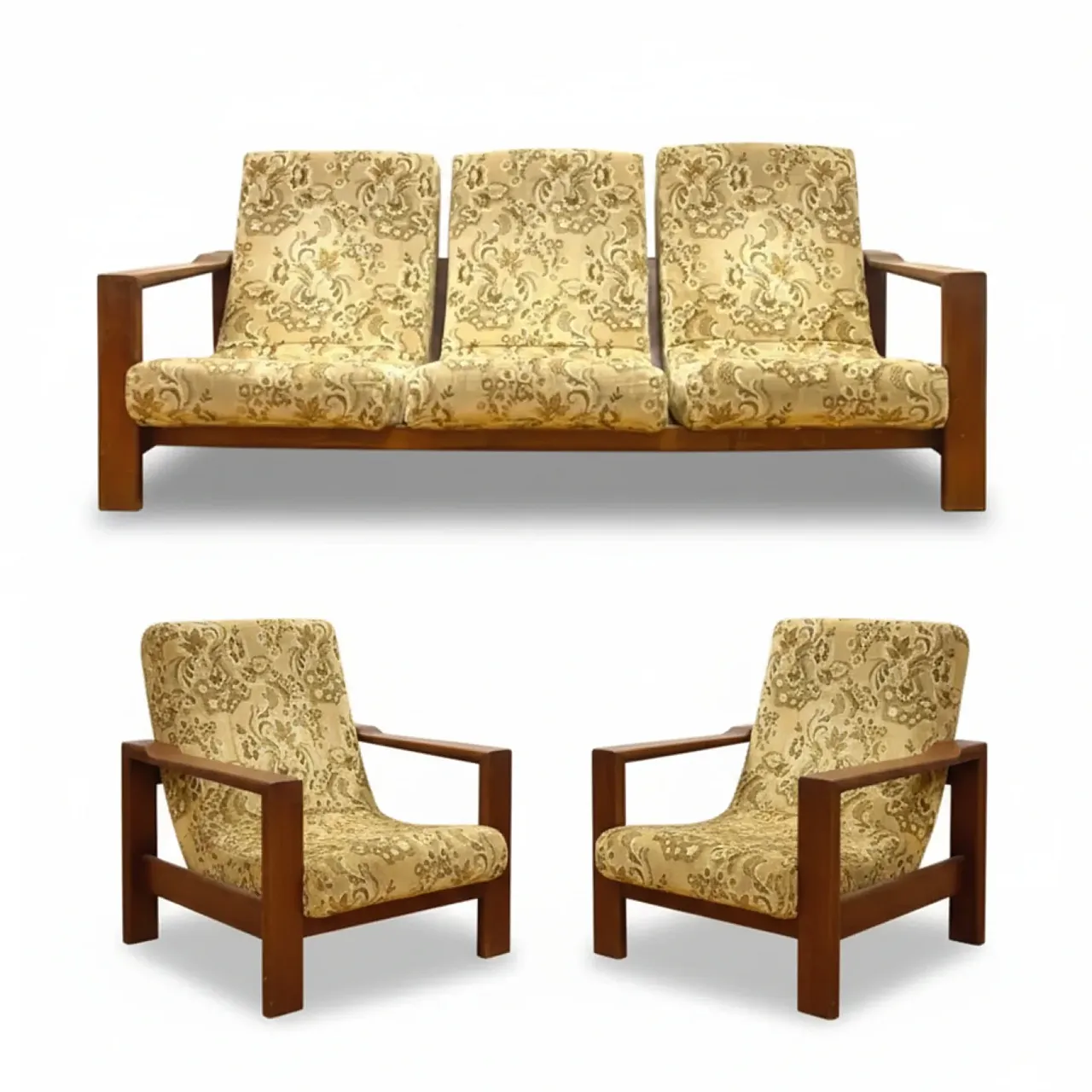 Divano con due sedie con struttura in legno massello, anni '70 1