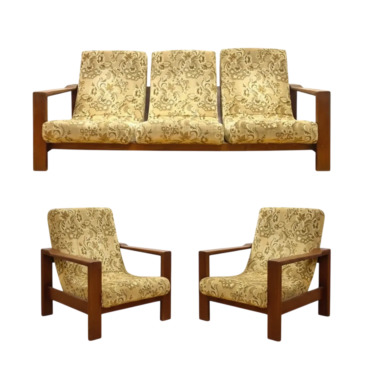 Divano con due sedie con struttura in legno massello, anni '70 12