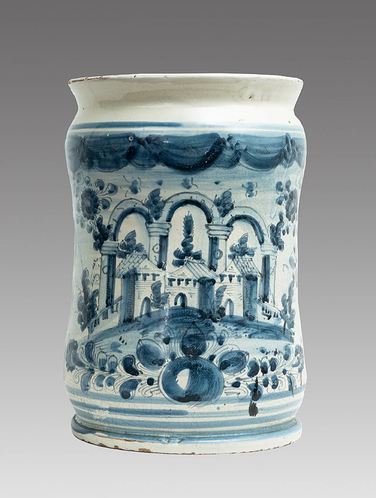 Vaso in maiolica smaltata raffigurante paesaggio, '700 1