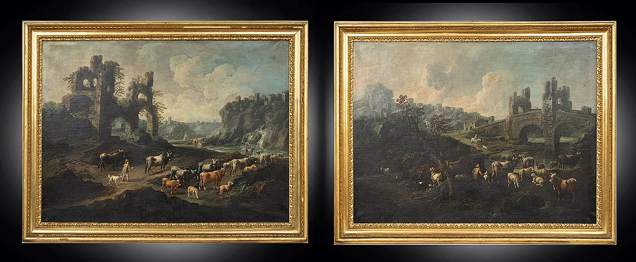Coppia di dipinti olio su tela con cornici coeve, '700 1