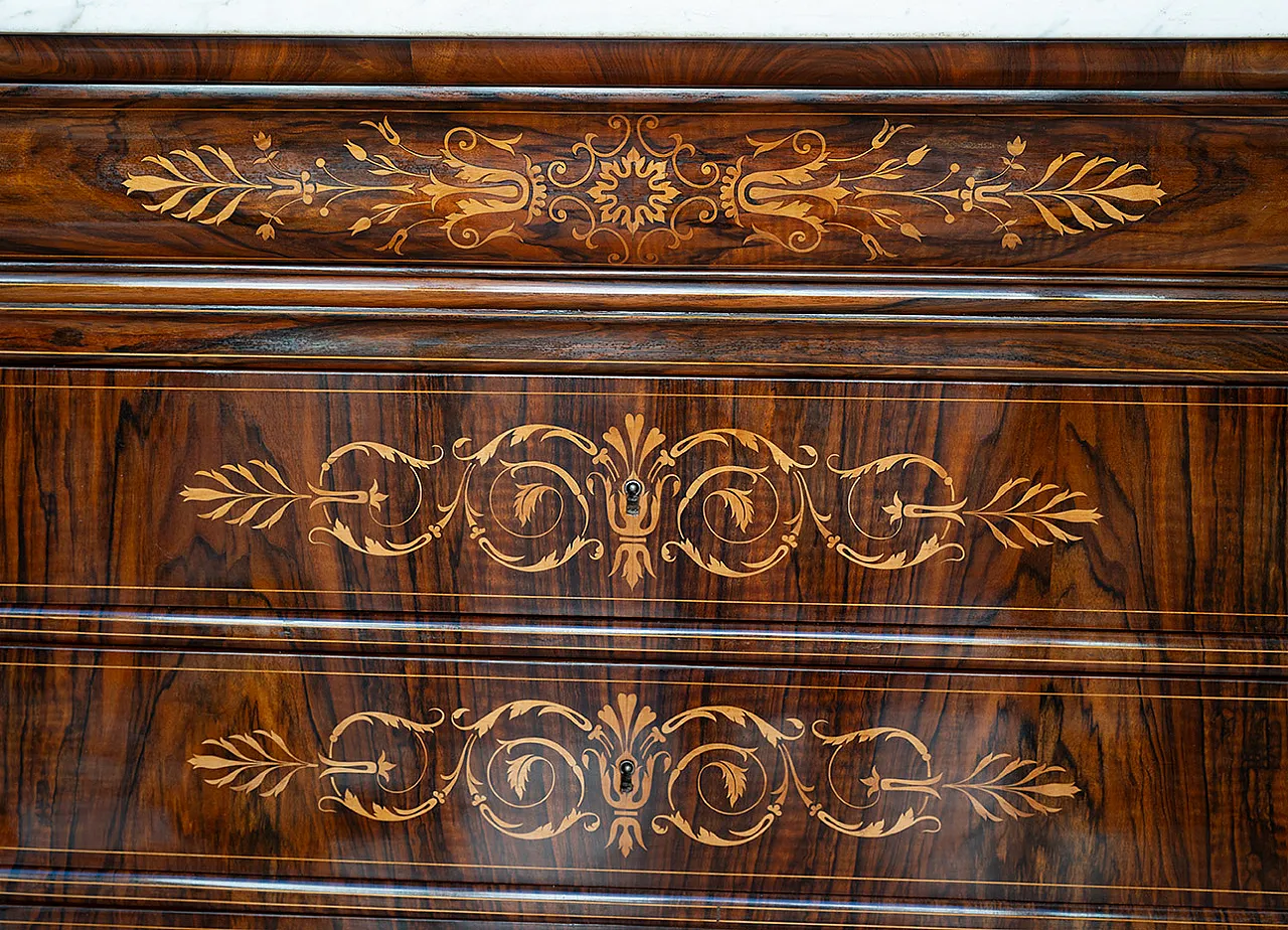 Cassettone Carlo X in radica di noce con piano in marmo, '800 2