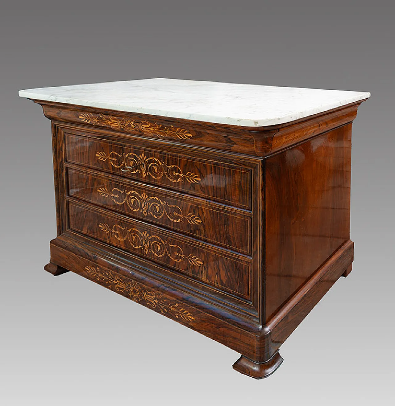 Cassettone Carlo X in radica di noce con piano in marmo, '800 5