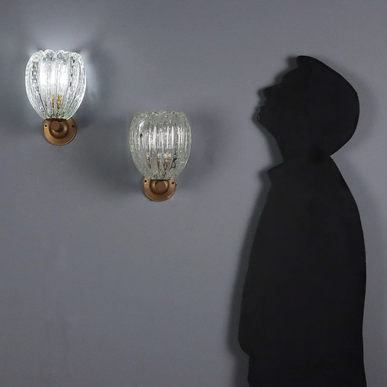 Coppia di lampade da parete in ottone e vetro di Murano, '900 2