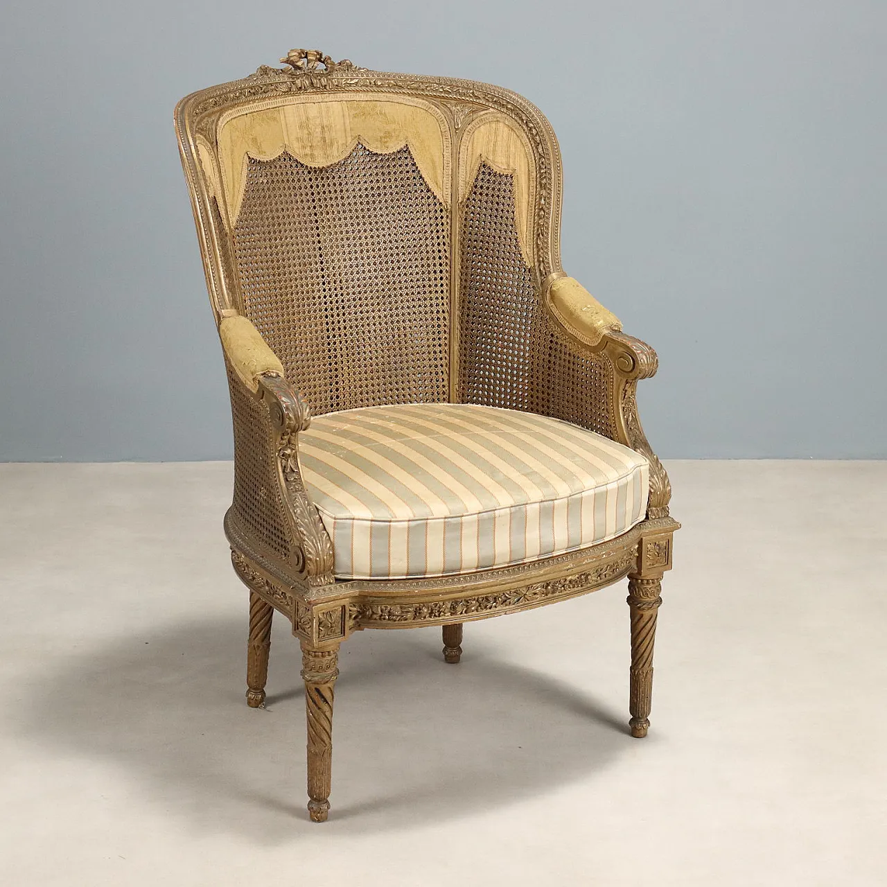 Poltrona in canna, tessuto e paglia di Vienna con cuscino, fine '800 1