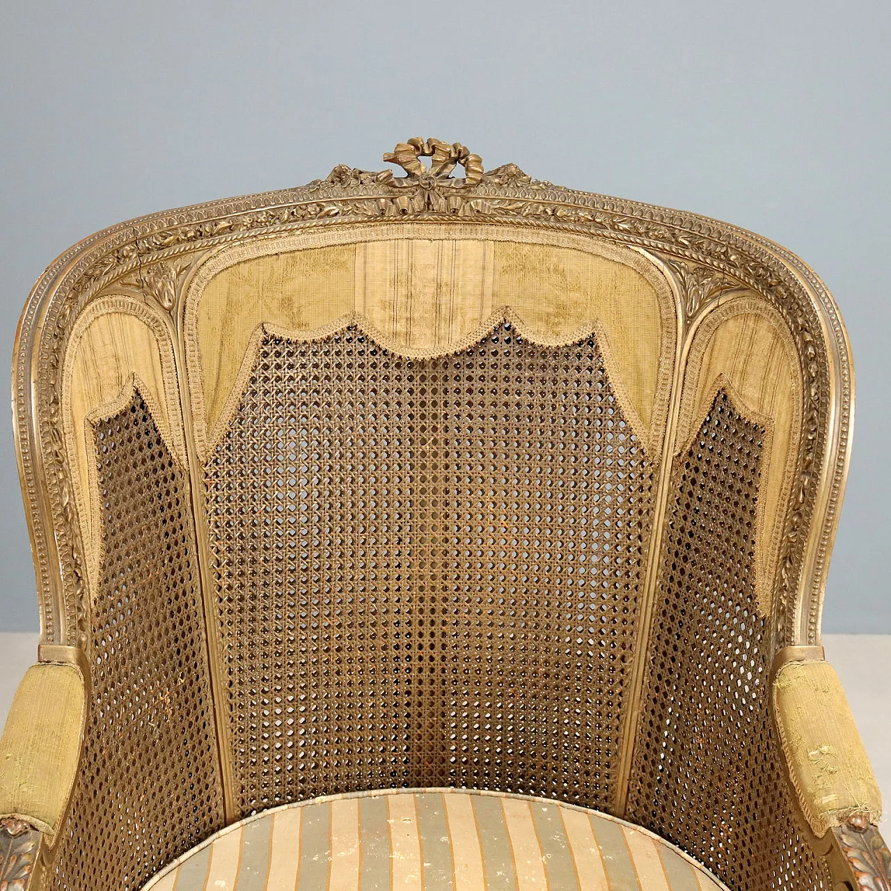 Poltrona in canna, tessuto e paglia di Vienna con cuscino, fine '800 3