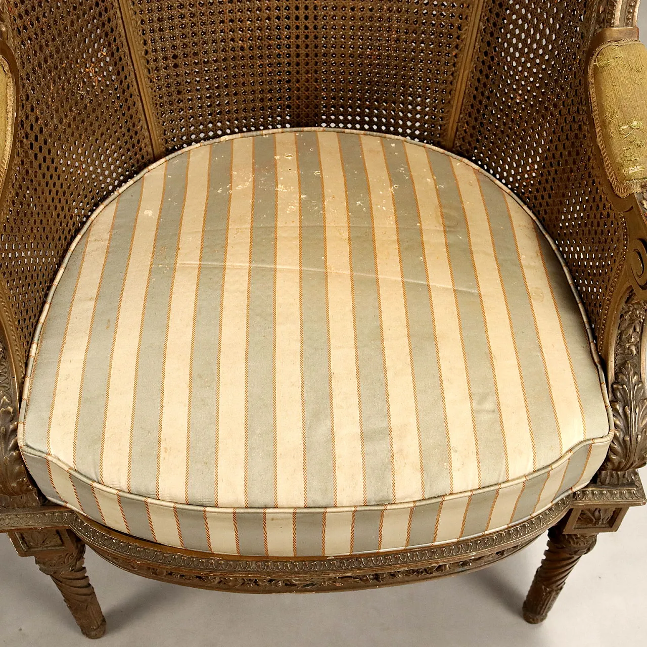 Poltrona in canna, tessuto e paglia di Vienna con cuscino, fine '800 5