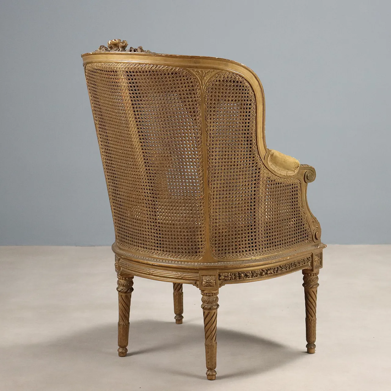 Poltrona in canna, tessuto e paglia di Vienna con cuscino, fine '800 9