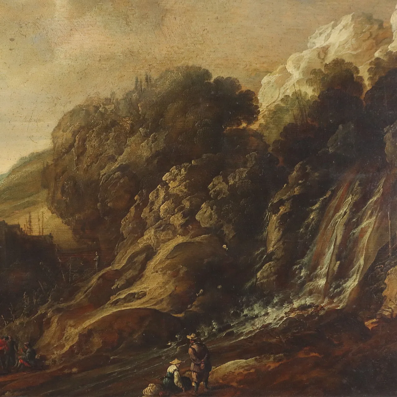 Paesaggio con Cascata e Figure, olio su tela, '600 3
